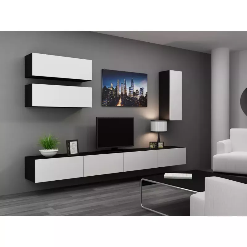 TV stovas cama meble VIGO 140 – 1400×400×300 mm, laminuota medžio drožlių plokštė, juodas/balto blizgesio