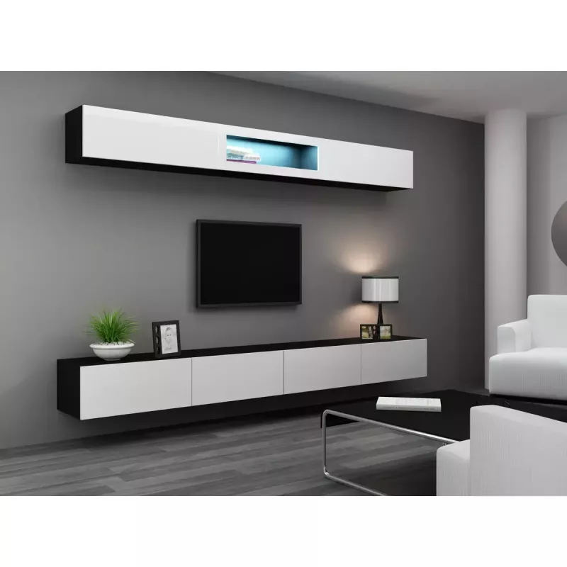 TV stovas cama meble VIGO 140 – 1400×400×300 mm, laminuota medžio drožlių plokštė, juodas/balto blizgesio
