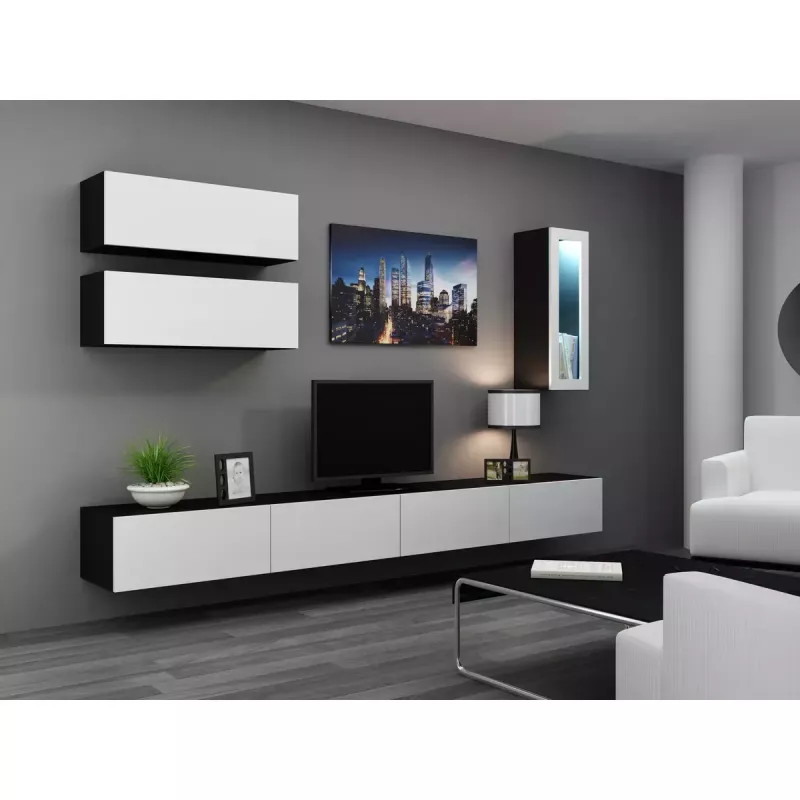TV stovas cama meble VIGO 140 – 1400×400×300 mm, laminuota medžio drožlių plokštė, juodas/balto blizgesio