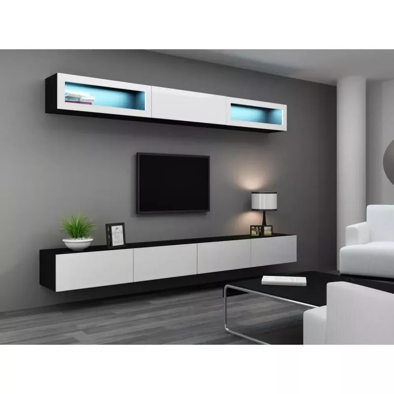 TV stovas cama meble VIGO 140 – 1400×400×300 mm, laminuota medžio drožlių plokštė, juodas/balto blizgesio