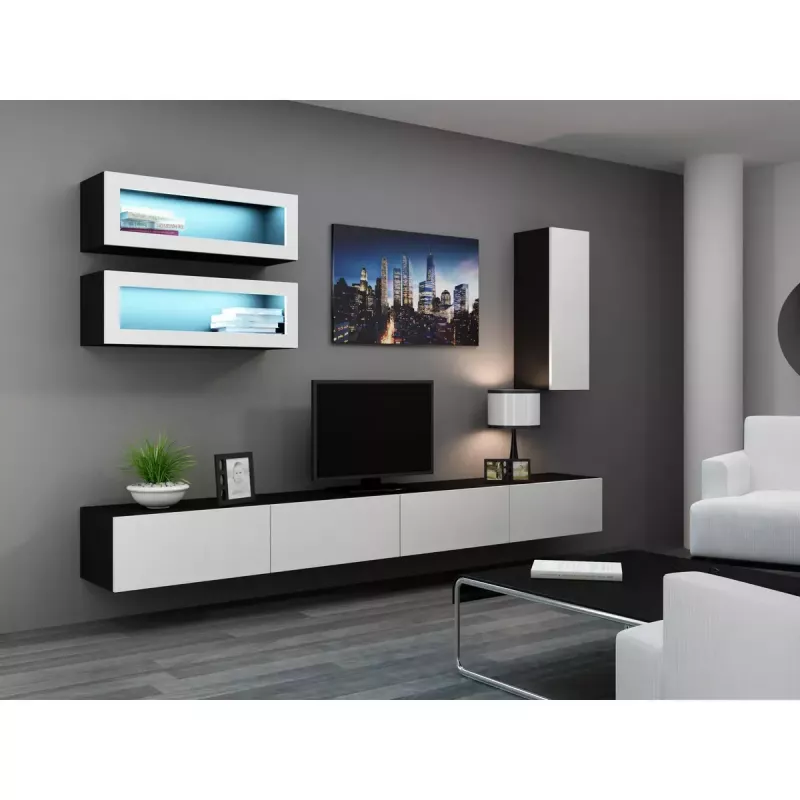 TV stovas cama meble VIGO 140 – 1400×400×300 mm, laminuota medžio drožlių plokštė, juodas/balto blizgesio