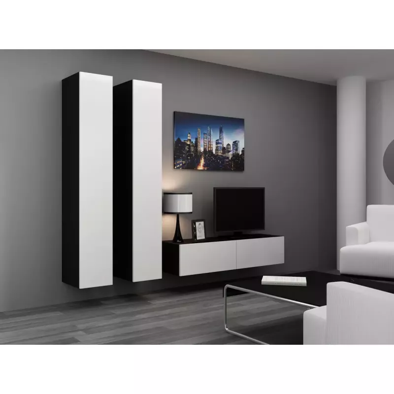 TV stovas cama meble VIGO 140 – 1400×400×300 mm, laminuota medžio drožlių plokštė, juodas/balto blizgesio