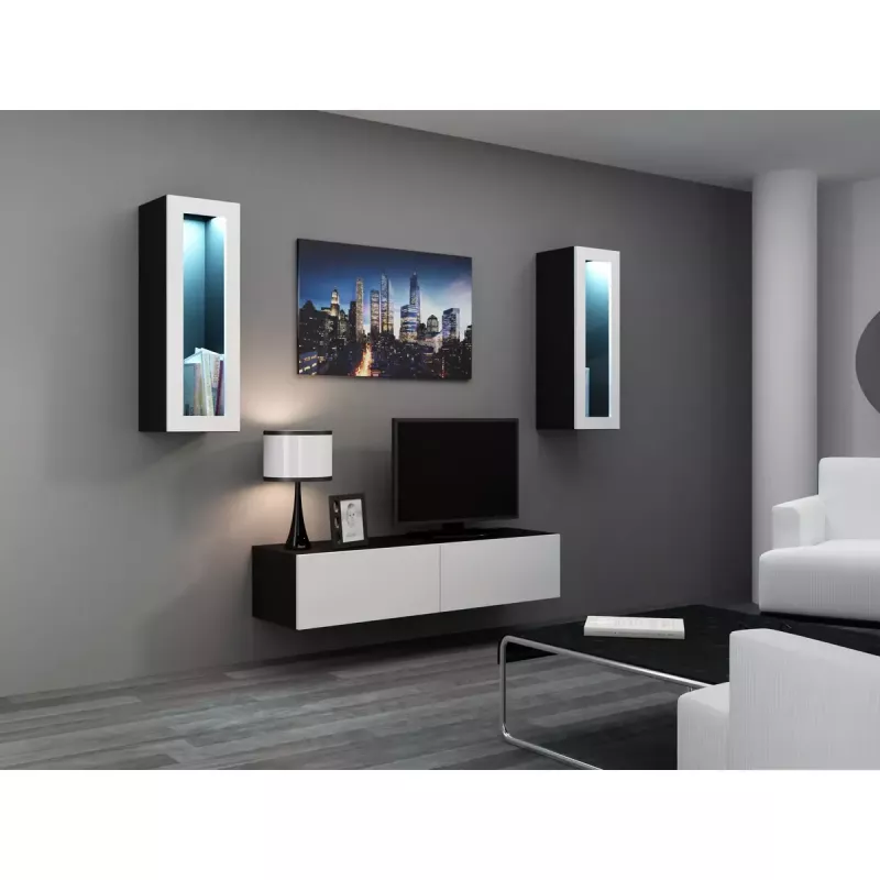 TV stovas cama meble VIGO 140 – 1400×400×300 mm, laminuota medžio drožlių plokštė, juodas/balto blizgesio
