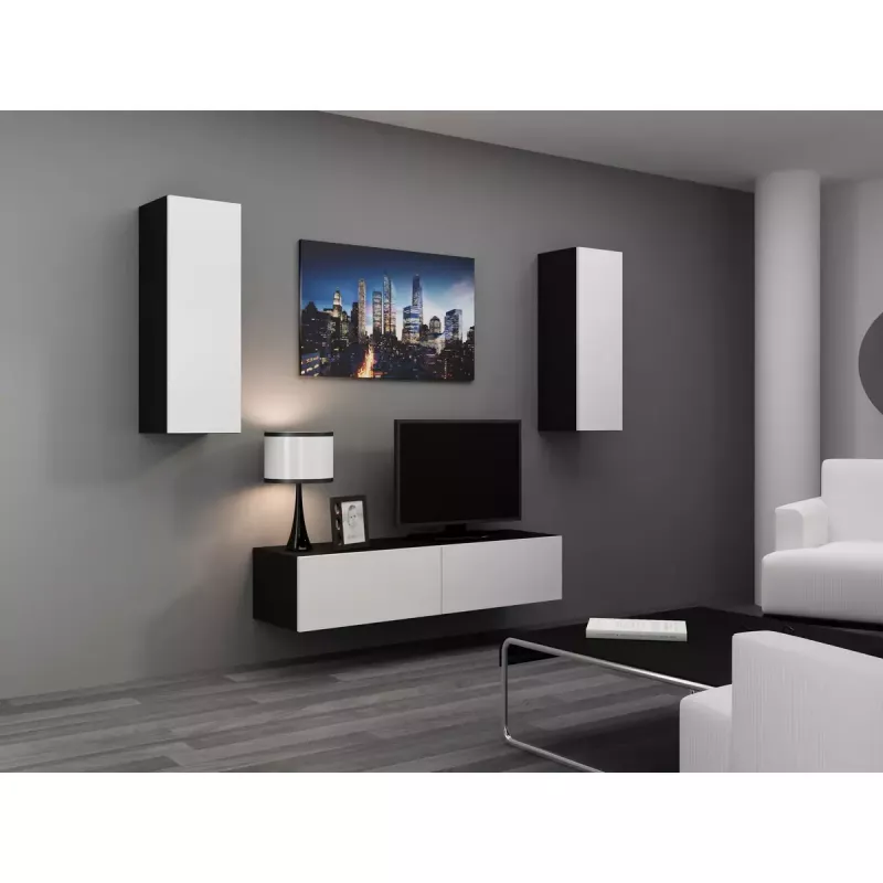 TV stovas cama meble VIGO 140 – 1400×400×300 mm, laminuota medžio drožlių plokštė, juodas/balto blizgesio