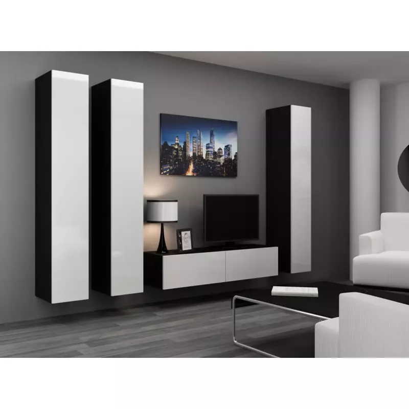 TV stovas cama meble VIGO 140 – 1400×400×300 mm, laminuota medžio drožlių plokštė, juodas/balto blizgesio