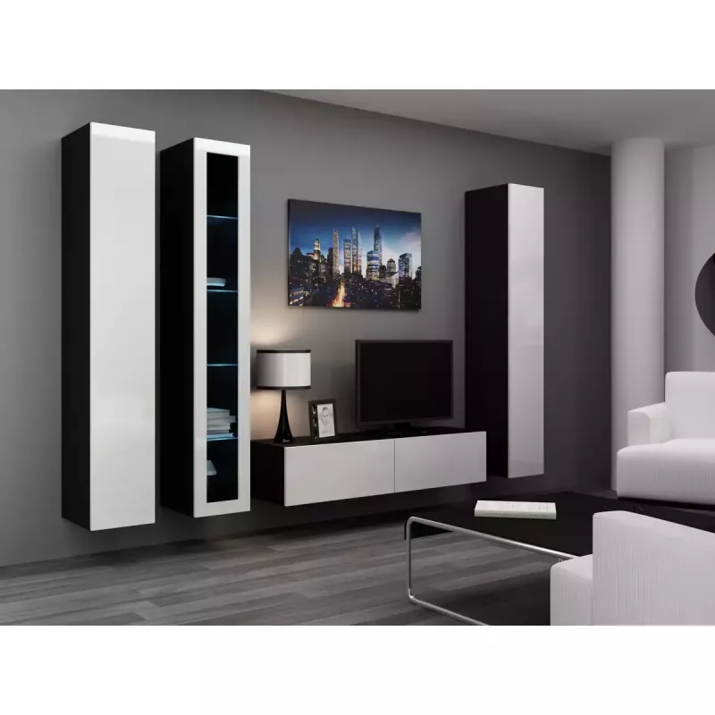 TV stovas cama meble VIGO 140 – 1400×400×300 mm, laminuota medžio drožlių plokštė, juodas/balto blizgesio