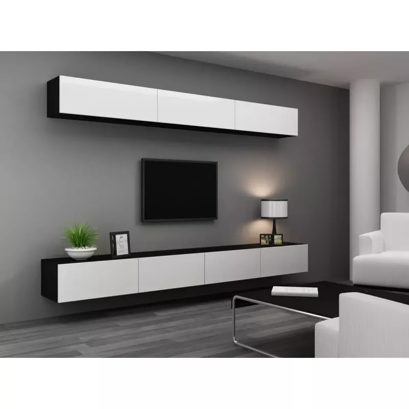 TV stovas cama meble VIGO 140 – 1400×400×300 mm, laminuota medžio drožlių plokštė, juodas/balto blizgesio