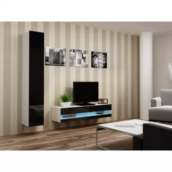 TV stovas Cama Meble VIGO NEW 30/140/40 – 1400×400×300 mm, baltas stalviršis, medžio drožlių plokštė, baltas rėmas, baltas/juodas blizgesys