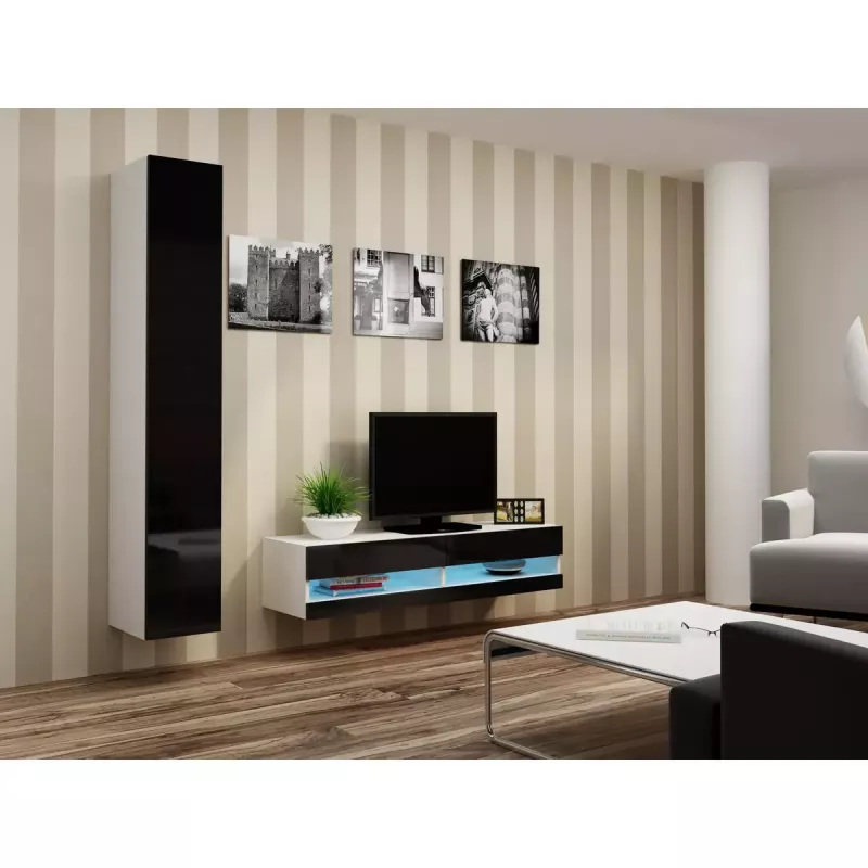 TV stovas Cama Meble VIGO NEW 30/140/40 – 1400×400×300 mm, baltas stalviršis, medžio drožlių plokštė, baltas rėmas, baltas/juodas blizgesys