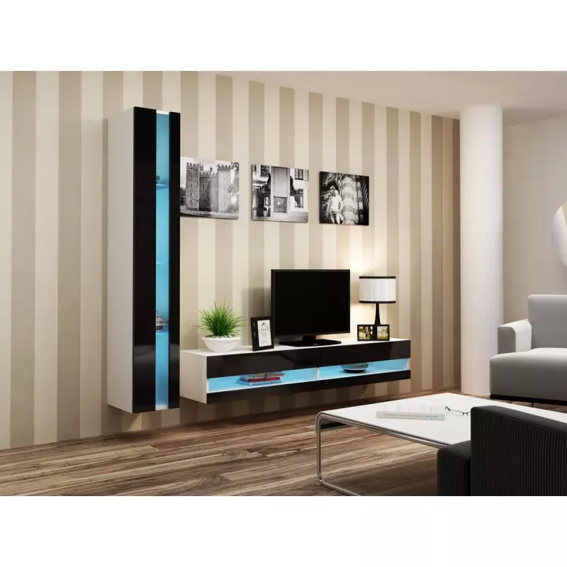 TV stovas Cama Meble VIGO NEW 30/140/40 – 1400×400×300 mm, baltas stalviršis, medžio drožlių plokštė, baltas rėmas, baltas/juodas blizgesys