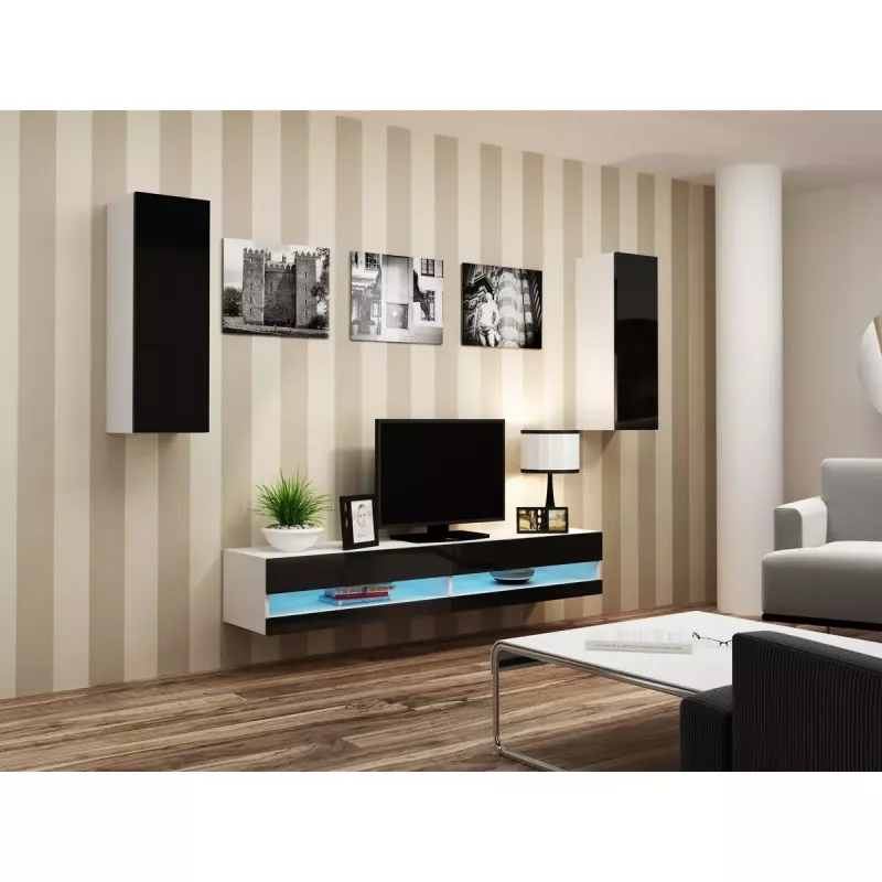 TV stovas Cama Meble VIGO NEW 30/140/40 – 1400×400×300 mm, baltas stalviršis, medžio drožlių plokštė, baltas rėmas, baltas/juodas blizgesys