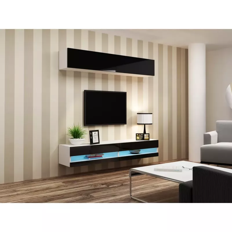 TV stovas Cama Meble VIGO NEW 30/140/40 – 1400×400×300 mm, baltas stalviršis, medžio drožlių plokštė, baltas rėmas, baltas/juodas blizgesys