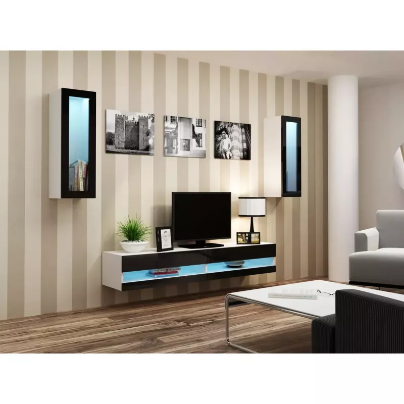 TV stovas Cama Meble VIGO NEW 30/140/40 – 1400×400×300 mm, baltas stalviršis, medžio drožlių plokštė, baltas rėmas, baltas/juodas blizgesys
