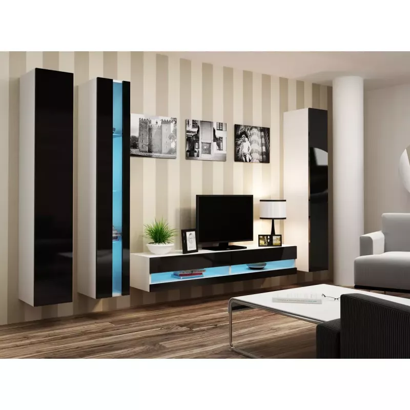 TV stovas Cama Meble VIGO NEW 30/140/40 – 1400×400×300 mm, baltas stalviršis, medžio drožlių plokštė, baltas rėmas, baltas/juodas blizgesys