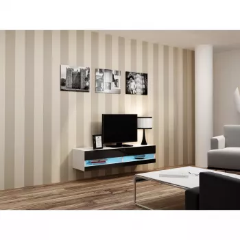 TV stovas Cama Meble VIGO NEW 30/140/40 – 1400×400×300 mm, baltas stalviršis, medžio drožlių plokštė, baltas rėmas, baltas/juodas blizgesys