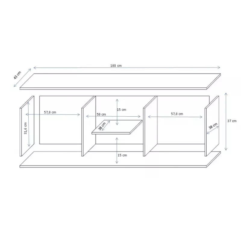 TV stovas Cama Meble SOHO 180 – 1800×430×370 mm, baltas viršus (medžio drožlių plokštė), baltas rėmas