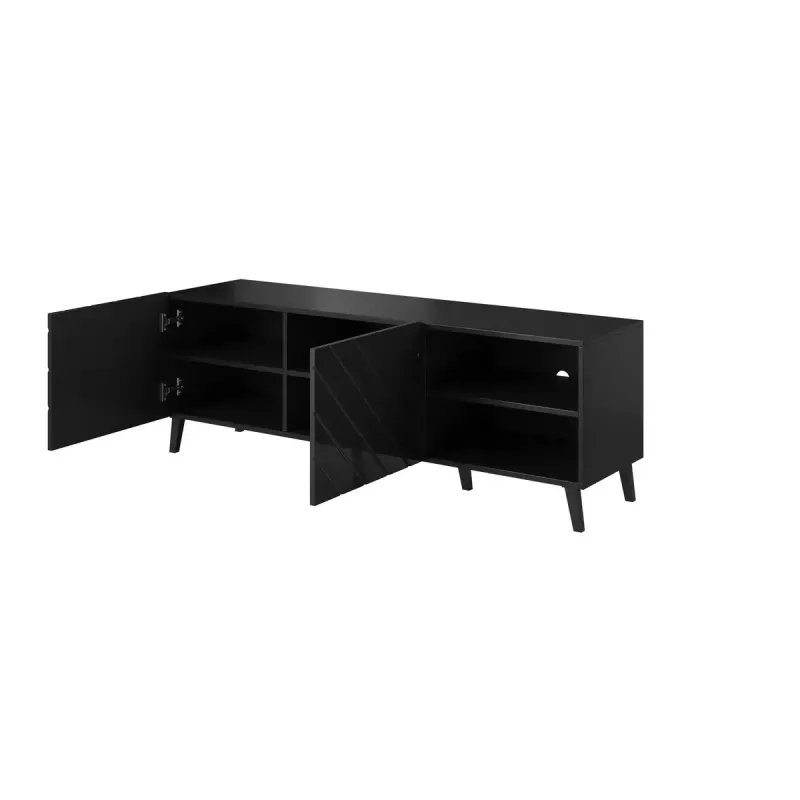 TV spintelė cama meble ABETO 150x42x52 cm, juoda blizgi, MDF viršus, juodas rėmas