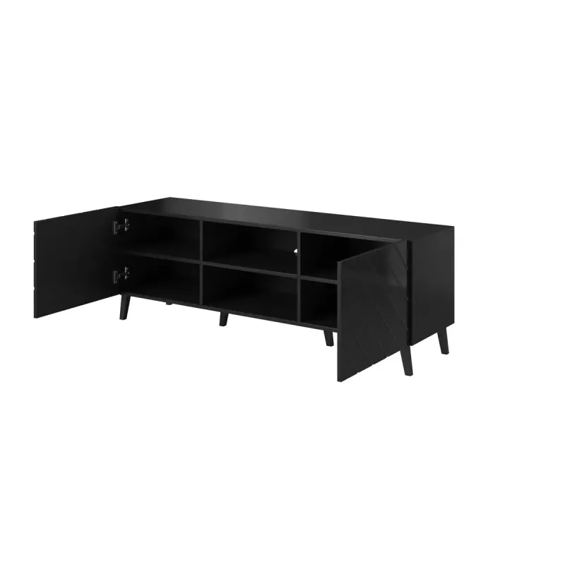 TV spintelė cama meble ABETO 150x42x52 cm, juoda blizgi, MDF viršus, juodas rėmas
