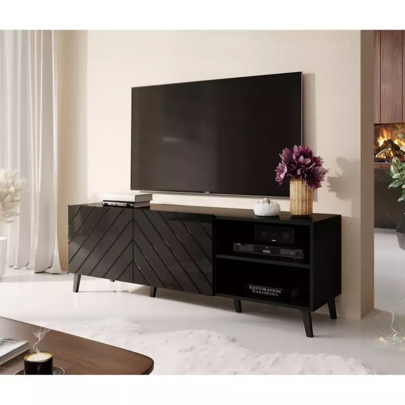 TV spintelė cama meble ABETO 150x42x52 cm, juoda blizgi, MDF viršus, juodas rėmas