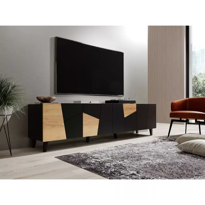 Televizoriaus spintelė cama meble ETNA 200×42×52 cm, juodas matinis viršus, ąžuolo craft rėmas
