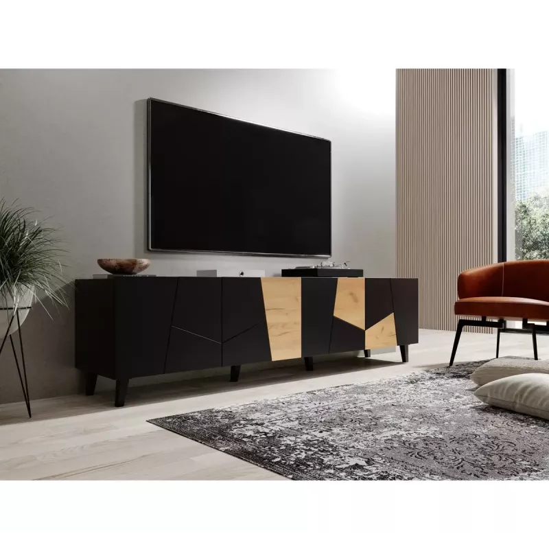Televizoriaus spintelė cama meble ETNA 200×42×52 cm, juodas matinis viršus, ąžuolo craft rėmas