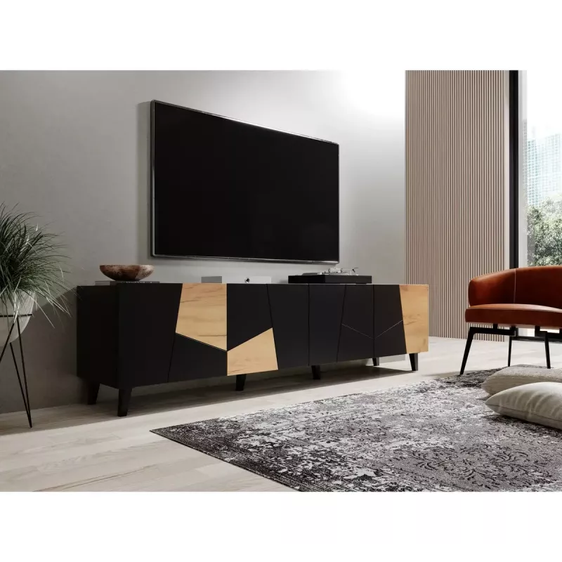 Televizoriaus spintelė cama meble ETNA 200×42×52 cm, juodas matinis viršus, ąžuolo craft rėmas