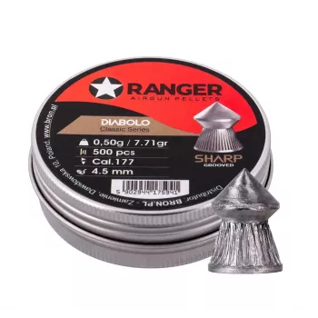Šaudymo šratai RANGER CLAS03.45.500 — 4,5 mm diabolo, aštrus griovelinis antgalis, 500 vnt. aliumininiame dozatoriuje