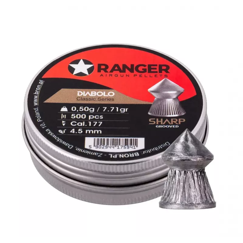 Šaudymo šratai RANGER CLAS03.45.500 — 4,5 mm diabolo, aštrus griovelinis antgalis, 500 vnt. aliumininiame dozatoriuje