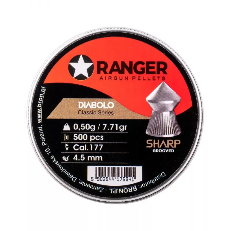 Šaudymo šratai RANGER CLAS03.45.500 — 4,5 mm diabolo, aštrus griovelinis antgalis, 500 vnt. aliumininiame dozatoriuje