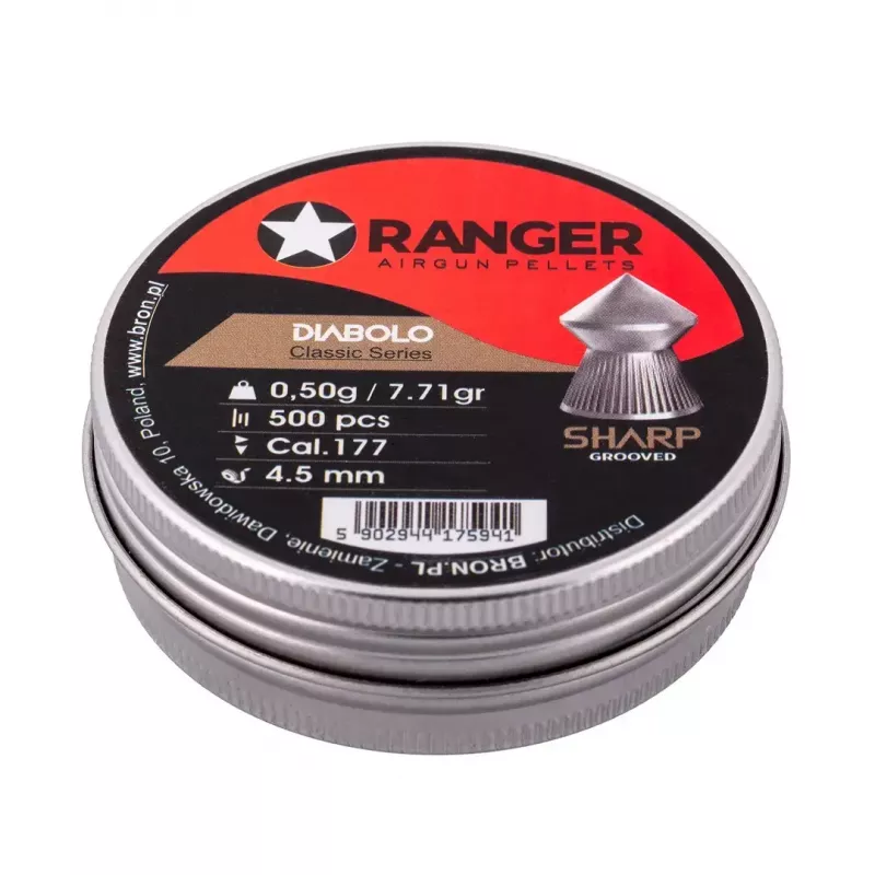Šaudymo šratai RANGER CLAS03.45.500 — 4,5 mm diabolo, aštrus griovelinis antgalis, 500 vnt. aliumininiame dozatoriuje