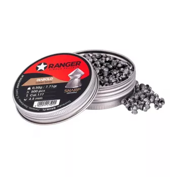 Šaudymo šratai RANGER CLAS03.45.500 — 4,5 mm diabolo, aštrus griovelinis antgalis, 500 vnt. aliumininiame dozatoriuje