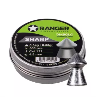 Šratiniai šoviniai RANGER PRORO.45.500.S — 4,5 mm diabolo aštrus galas, 500 vnt., aliumininė talpykla