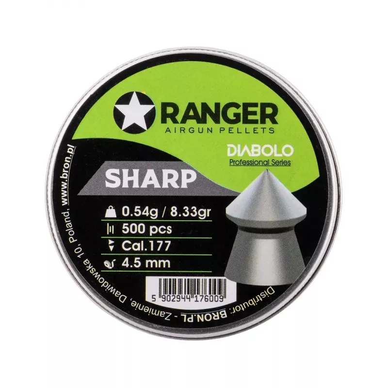 Šratiniai šoviniai RANGER PRORO.45.500.S — 4,5 mm diabolo aštrus galas, 500 vnt., aliumininė talpykla