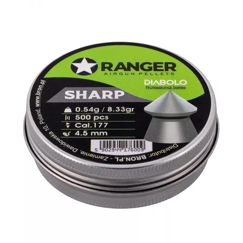 Šratiniai šoviniai RANGER PRORO.45.500.S — 4,5 mm diabolo aštrus galas, 500 vnt., aliumininė talpykla