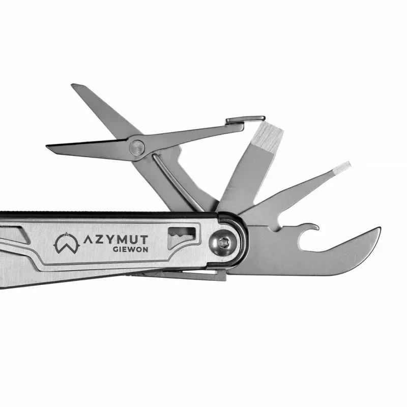 Multitool AZYMUT H2038 pilno dydžio daugiafunkcis įrankis – 14 įrankių, 16,2 cm atidarytas, 10,1 cm sulankstytas, 264 g, 420/7CR13 plienas, odinis dėklas