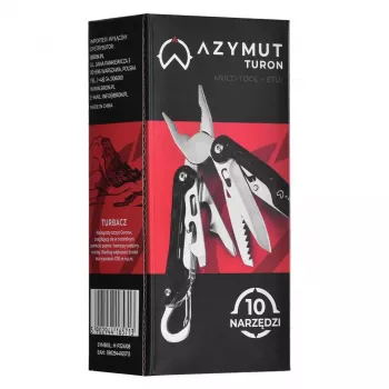Multįrankis AZYMUT Turon 10 įrankių karabinu H-P224108 – nerūdijantis plienas 420, 10 funkcijų, sulankstytas 11 cm, svoris 224 g, odinis dėklas