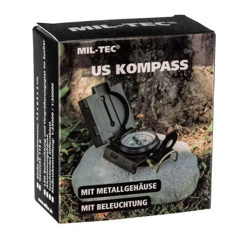 Navigacinis magnetinis kompasas Mil-Tec US su apšvietimu, aliuminio korpusas, masteliai 1:50k ir 1:25k, alyvinė