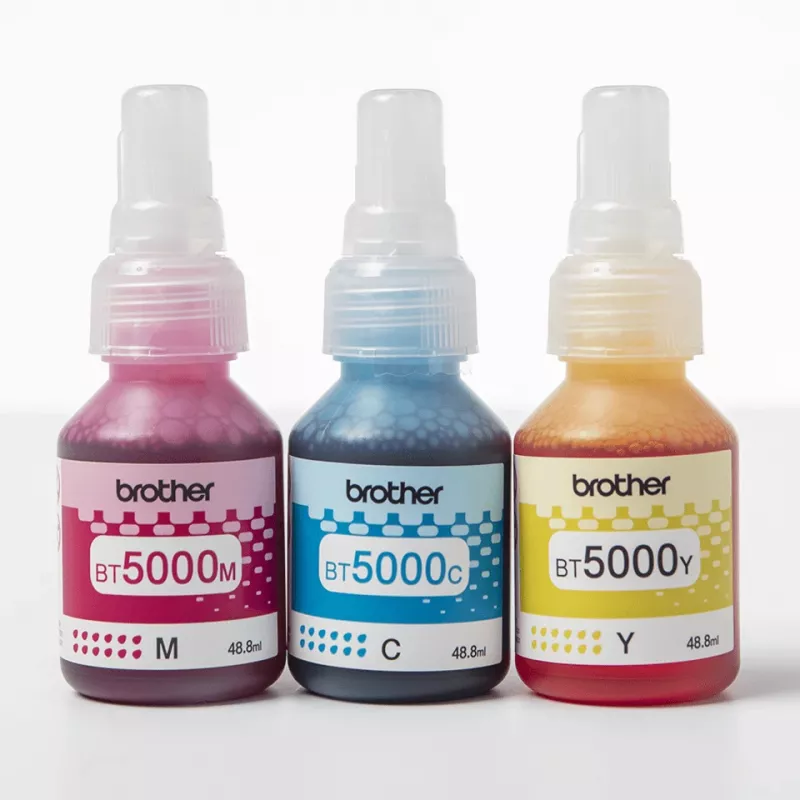 Rašalo kasečių rinkinys Brother BT-5000C suderinamas, 3 spalvų rinkinys (žydra, rausvai raudona, geltona), 3 vnt., 48,8 ml, 5000 puslapių