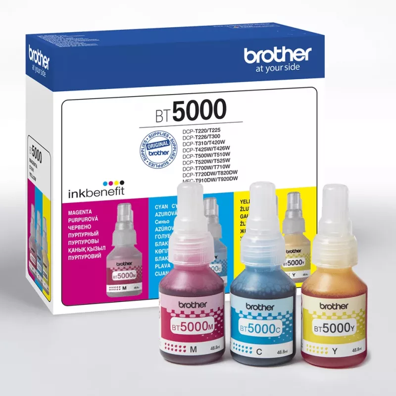 Rašalo kasečių rinkinys Brother BT-5000C suderinamas, 3 spalvų rinkinys (žydra, rausvai raudona, geltona), 3 vnt., 48,8 ml, 5000 puslapių