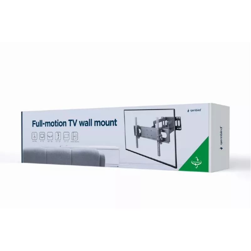 Gembird WM-70ST-01 sieninis TV laikiklis 37–70 colių, pakreipimas 0° iki -20°, pasukimas ±60°, VESA 200×200–600×400, max 35 kg, juodas