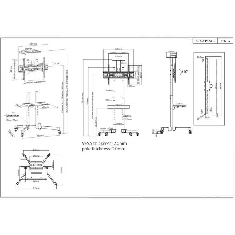 Mobilus TV ir monitoriaus stovas MANHATTAN 461238, juodas, aukštis 1803 mm, VESA 200x200–600x400, max 50 kg