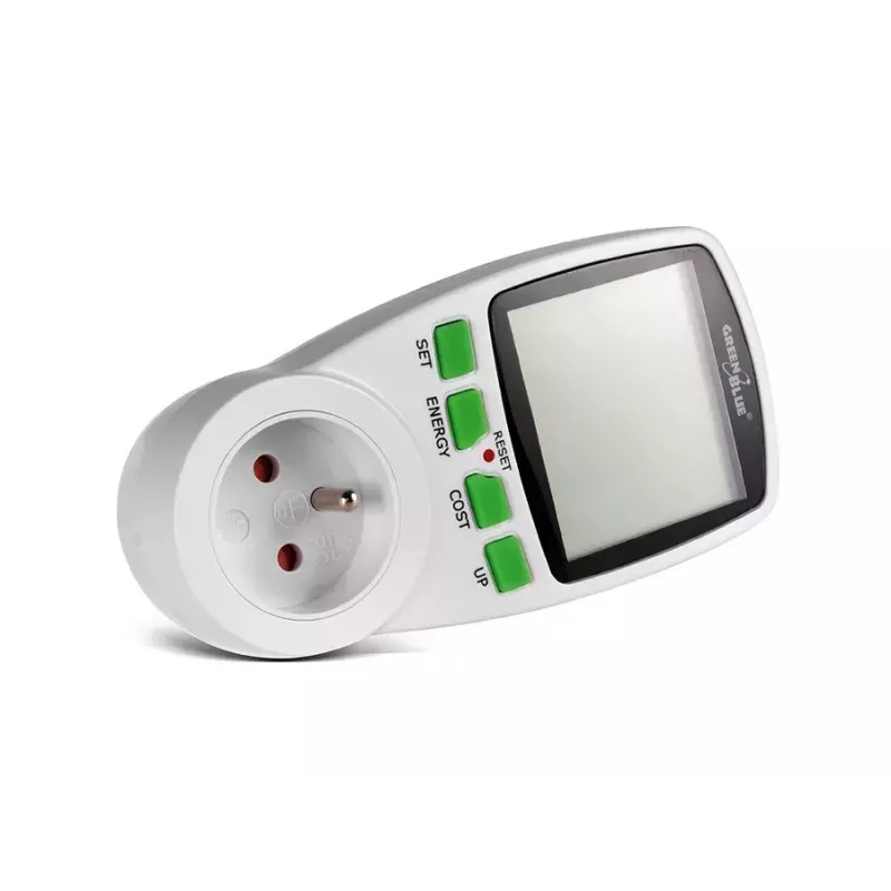 Wattmeter GreenBlue GB202 galios matuoklis 0–9999 W, 3600 W maks., 220–240 V, 16 A, LCD ekranas