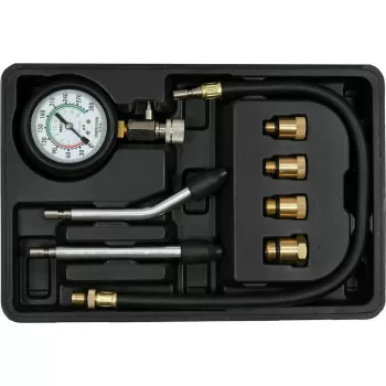 Analoginis manometras YATO YT-73022 0–20 bar, 75 mm ciferblatas, anglinis plienas, 0,5 m žarna, 4 žalvariniai adapteriai, dėklas