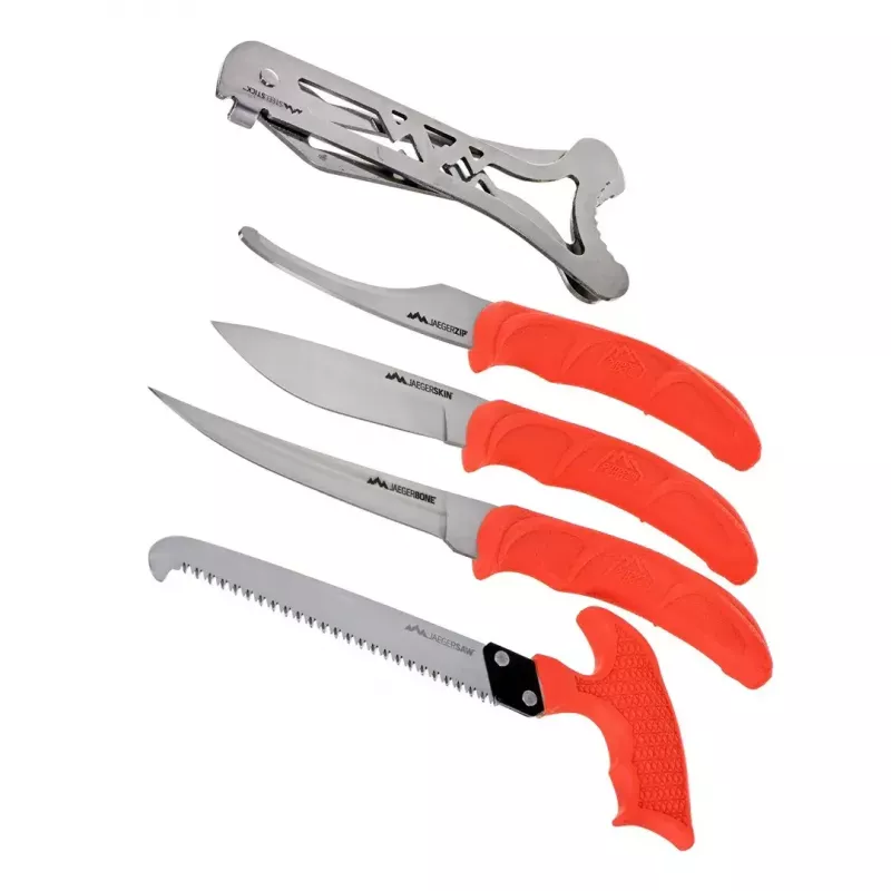 Medžioklinis fiksuoto peilio rinkinys Outdoor Edge Jaeger Pak 02OE069 su peiliu ir žvėrienos apdorojimo įrankiais