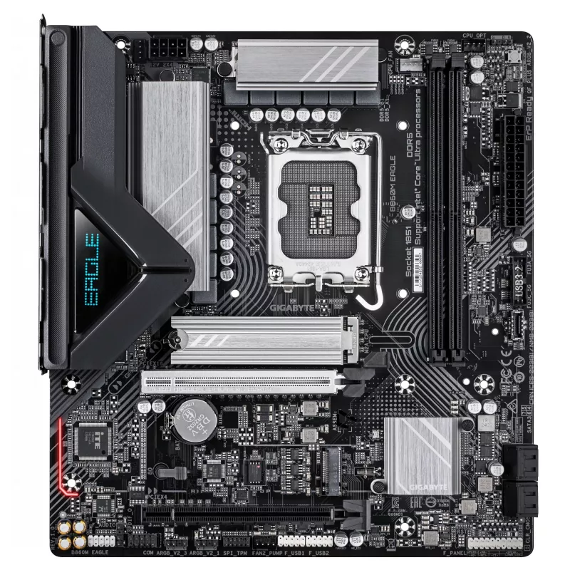GIGABYTE B860M EAGLE pagrindinė plokštė – Intel Core Ultra procesoriams, 6+1+2+1 fazių VRM, iki 9066MHz DDR5, 1xPCIe 5.0 + 1xPCIe 4.0 M.2, 2.5GbE LAN, USB 3.2 Gen 1