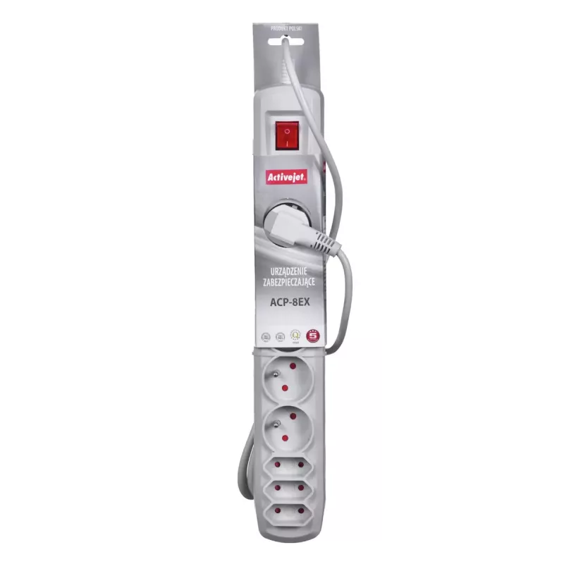 Power strip ActiveJet APN-8G/5M-GR – 8 lizdų, 5 m laidas, 10 A, 230 V, pilka