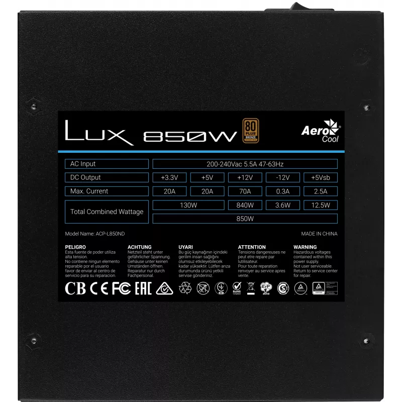 Aerocool LUX850 maitinimo blokas 850W 80 Plus Bronze 230V 88% efektyvumas juodas