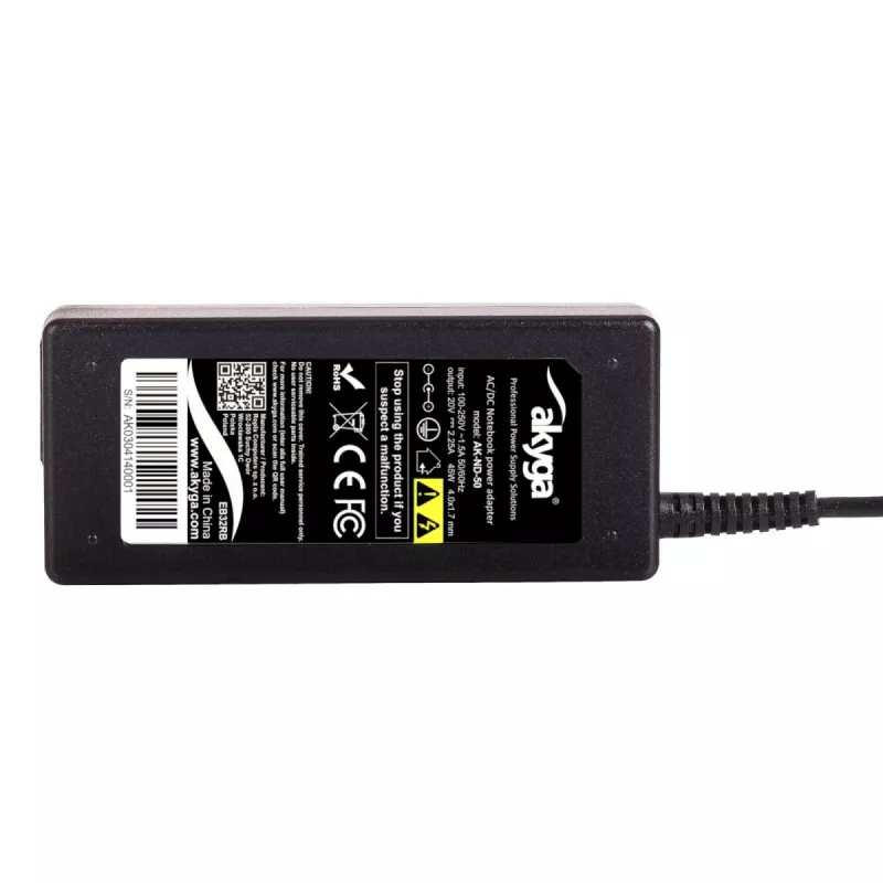 Akyga AK-ND-50 maitinimo adapteris nešiojamam kompiuteriui, 20 V 2,25 A 45 W, jungtis 4,0×1,7 mm, 1,2 m laidas, juodas