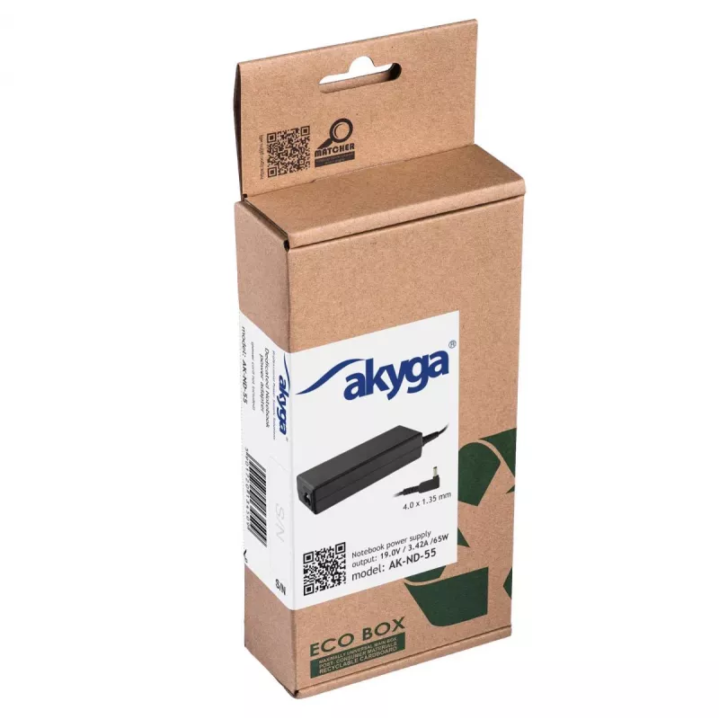 Akyga AK-ND-55 nešiojamojo kompiuterio maitinimo adapteris 19 V / 3,42 A, 65 W, 4,0 x 1,35 mm kištukas, skirtas Asus