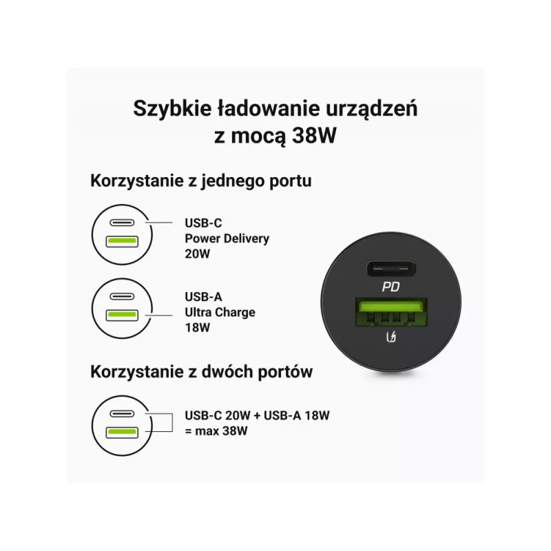 Automobilinis įkroviklis Green Cell CADM-GC-38AC 38W, 1x USB-C (PD 3.0) + 1x USB-A, aliuminio korpusas, juodas